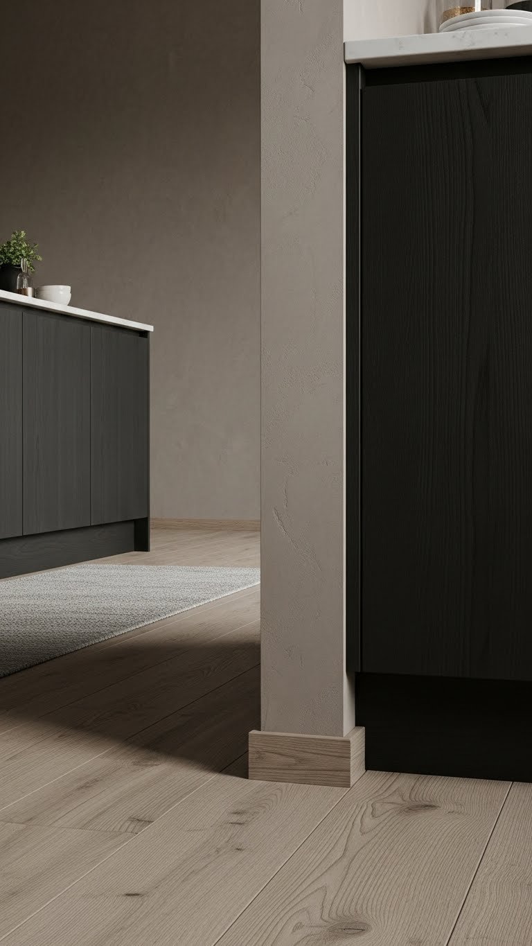 Rich dark engineered wood floor meets textured limewash wall in a luxurious kitchen. Showcases modern textural contrast and design.