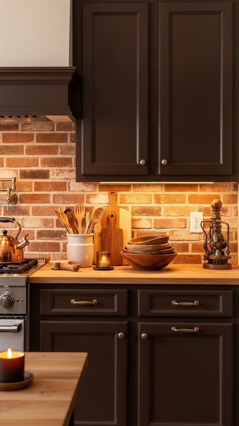 Rich espresso brown kitchen cabinets with brick backsplash, copper kettle and warm ambient lighting