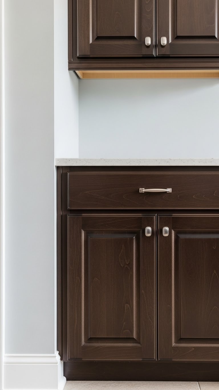 Rich espresso dark brown kitchen cabinets against a soft light gray wall, showcasing elegant contrasting colors and modern design.