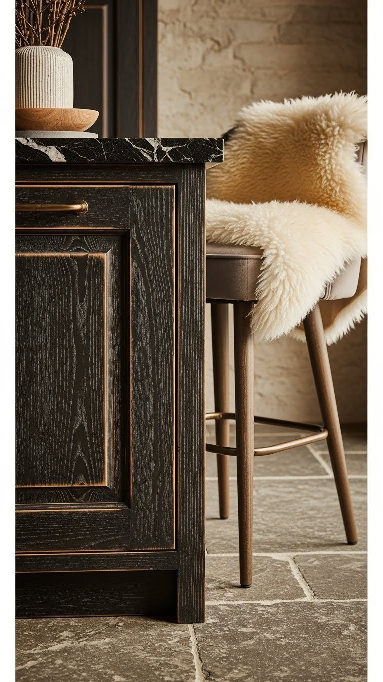 Dark Romantic Kitchen Aesthetic: 7 Design Secrets For A Cozy Home 7 Rich kitchen textures: distressed dark wood cabinet, velvet bar stool, dark granite. Rustic elements, sheepskin throw, textured wall add warmth.