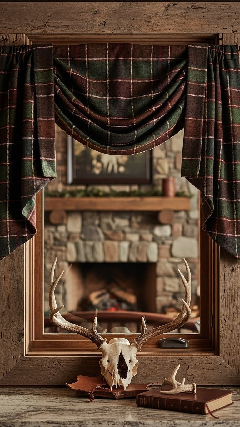 Rich plaid swag curtains in deep greens and browns draped over rustic cabin kitchen window