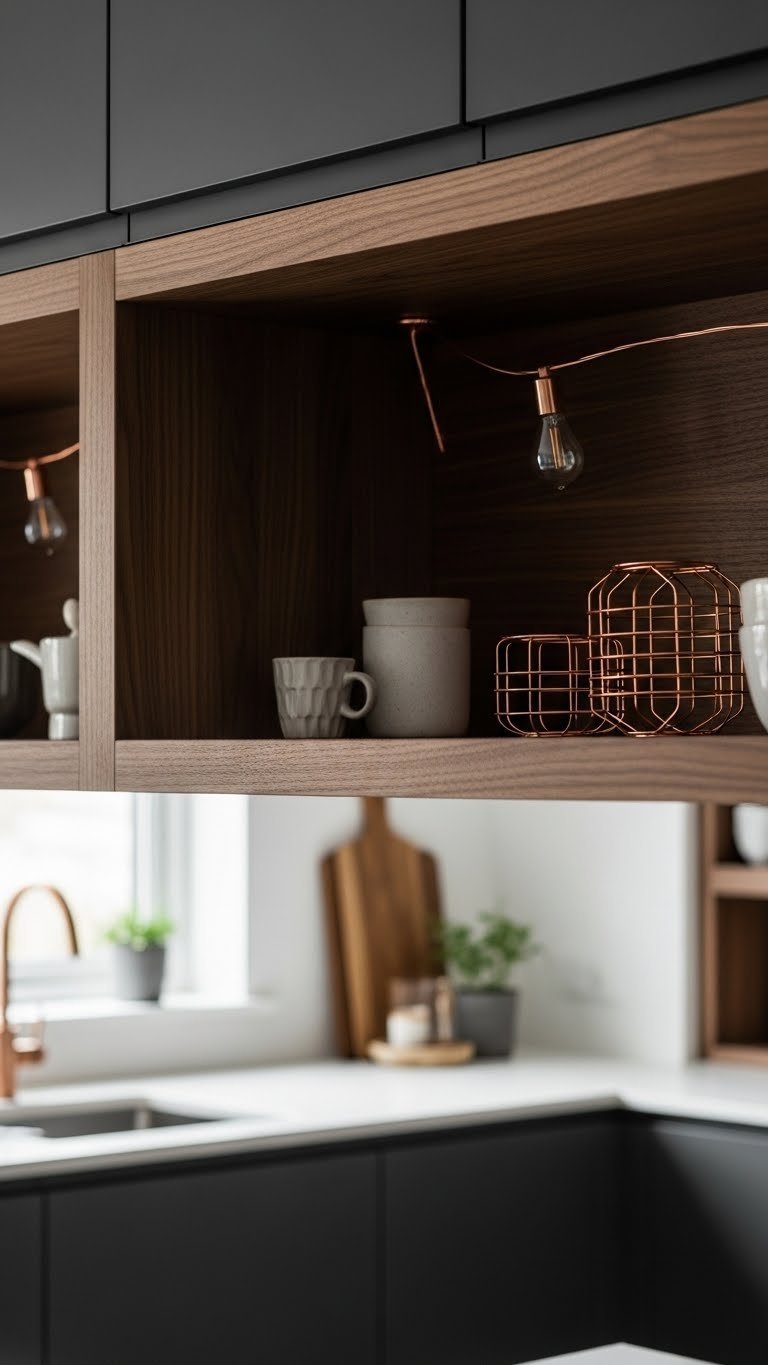 Rich walnut wood floating shelves with visible grain against matte charcoal kitchen cabinets, accented by copper lighting and ceramic decor.