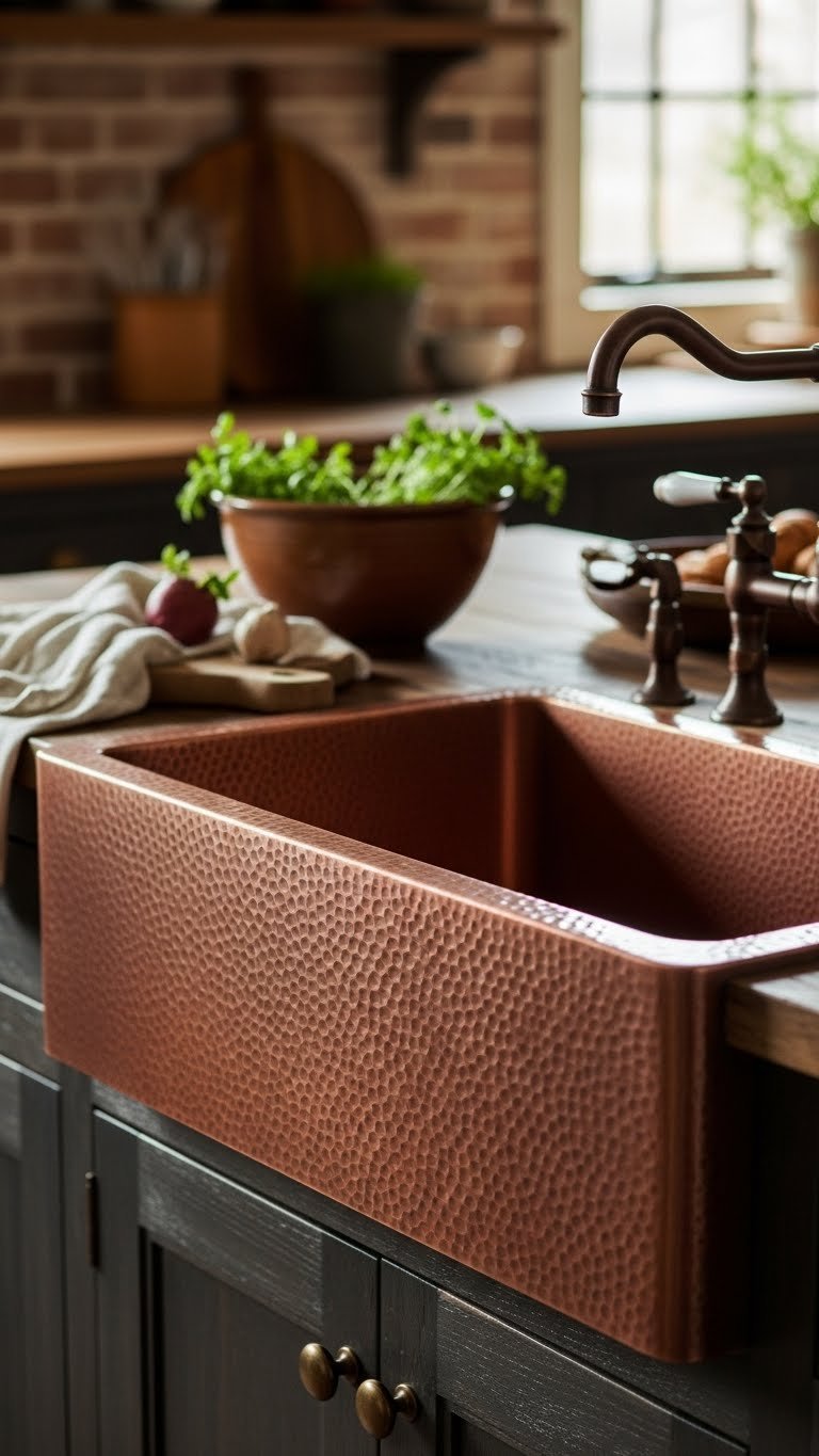 Richly textured hand-hammered copper apron front sink on dark distressed wood countertop with rustic pottery bowl and vintage faucet.