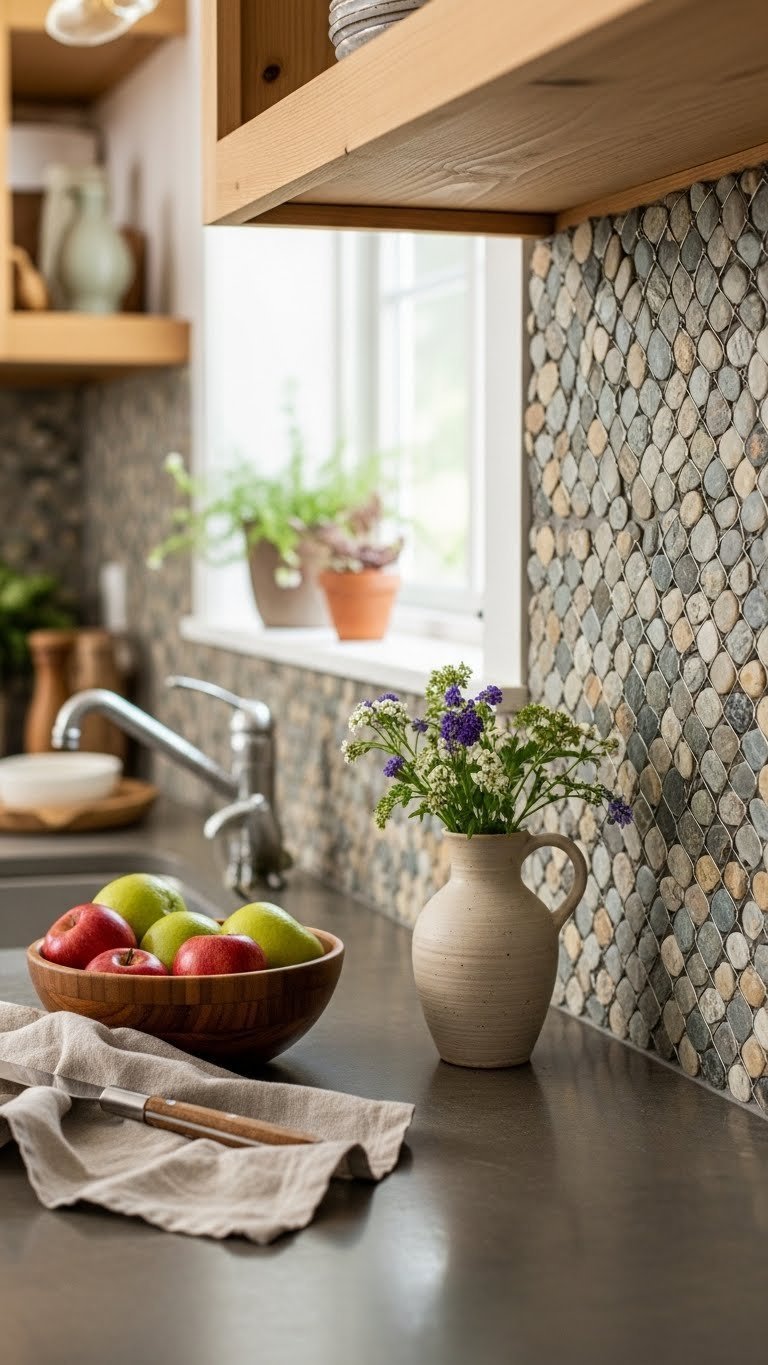 River rock backsplash with natural pebble texture and organic outdoor-inspired kitchen setting
