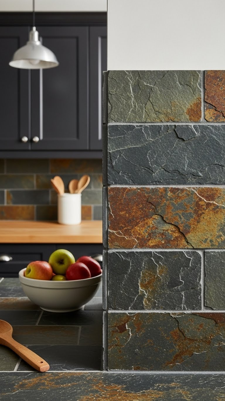 Robust slate tile kitchen backsplash featuring multi-toned dark tiles, ceramic fruit bowl, and rustic kitchen cabinet background