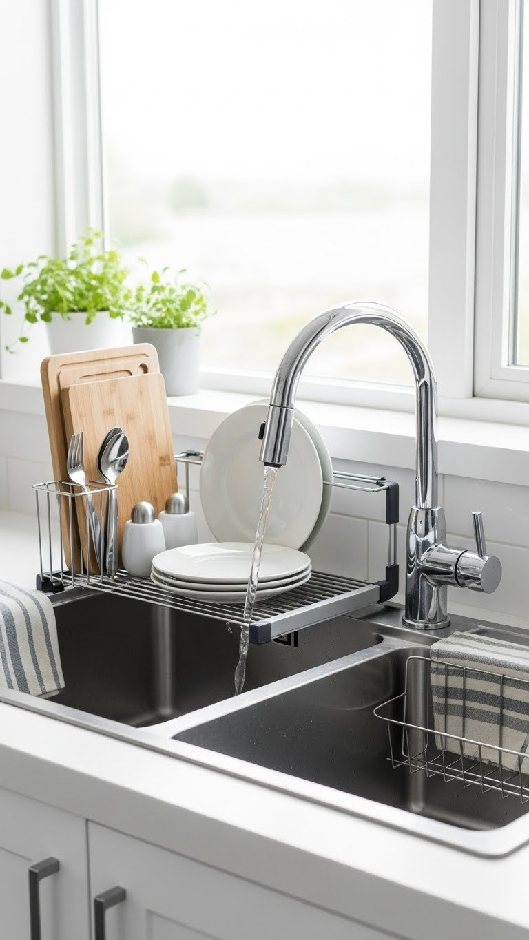 Roll-up over-the-sink drying rack holding freshly washed dishes saving counter space in small kitchen
