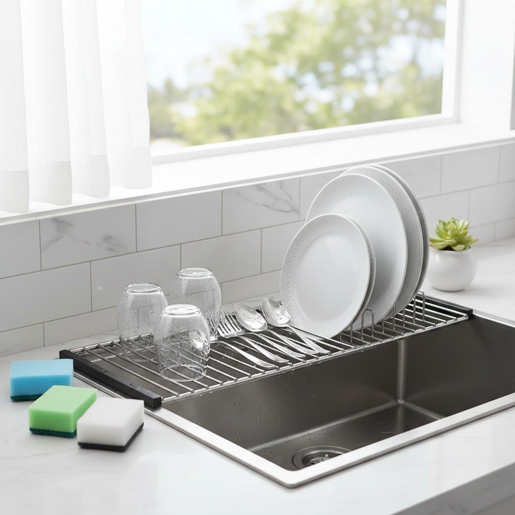 Roll-up silicone drying rack holding dishes and utensils over stainless steel kitchen sink