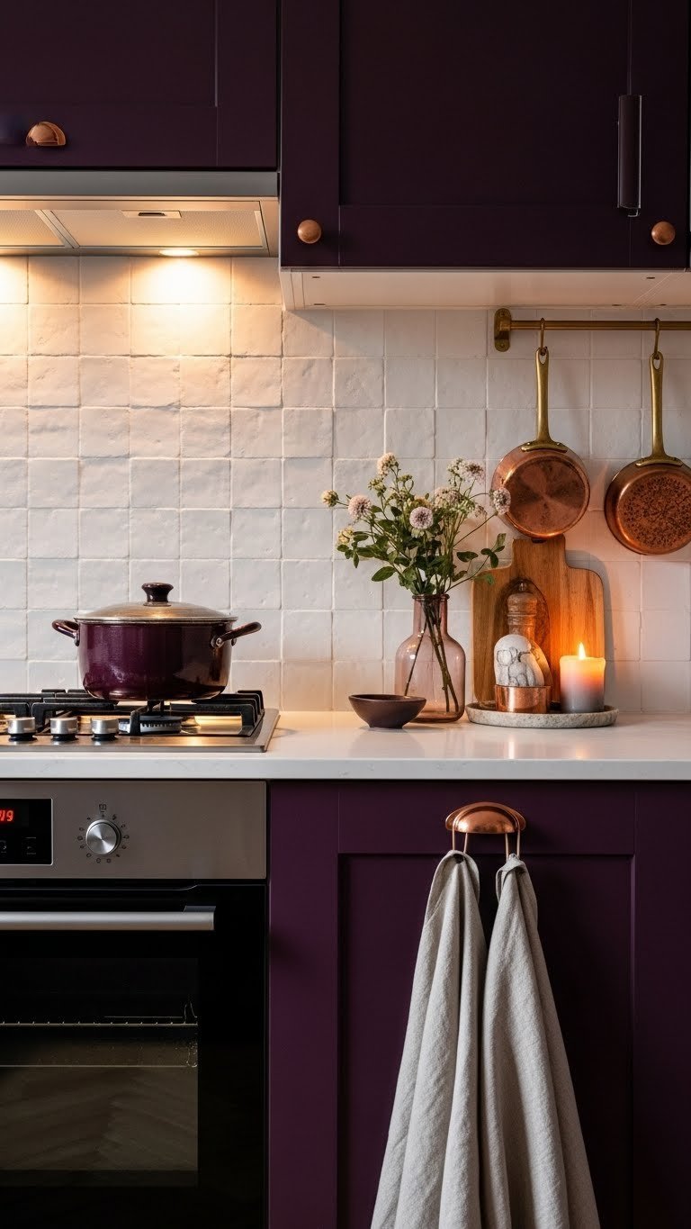 Romantic dark plum kitchen with soft under-cabinet lighting, textured white ceramic tile backsplash, copper cookware for cozy ambiance.