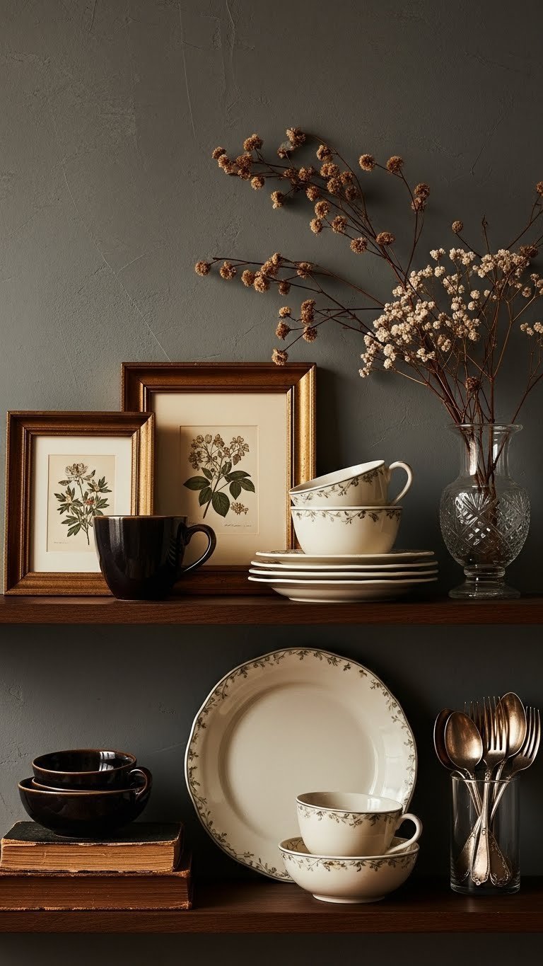 Dark Romantic Kitchen Aesthetic: 7 Design Secrets For A Cozy Home 11 Romantic kitchen decor: antique botanical prints, vintage ceramic dishware, crystal vase on dark wooden shelf. Books, silverware; moody styling.