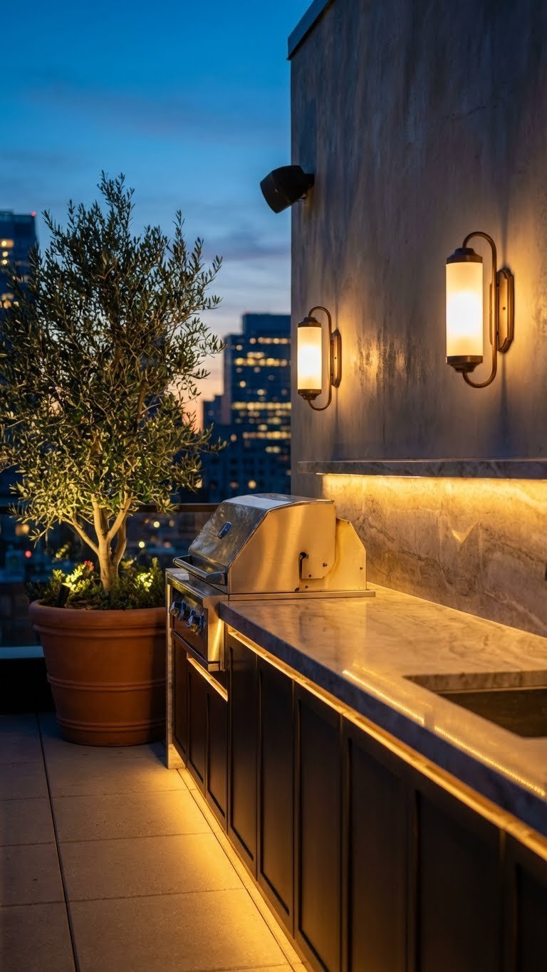 Outdoor Kitchen Rooftop Complete Planning Design Guide 14 Rooftop outdoor kitchen illuminated by layered LED lighting scheme at twilight with city skyline backdrop