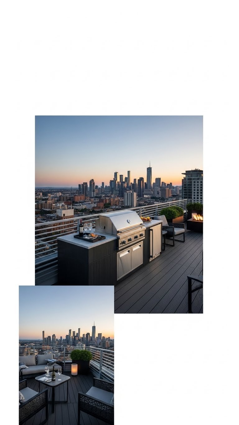 Rooftop terrace outdoor kitchen with dark composite decking and panoramic city skyline views at dusk