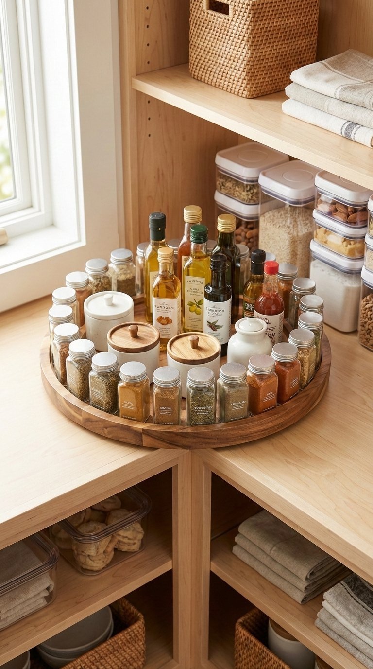 Rotating Lazy Susan shelf system with spices and condiments maximizing pantry corner visibility and access