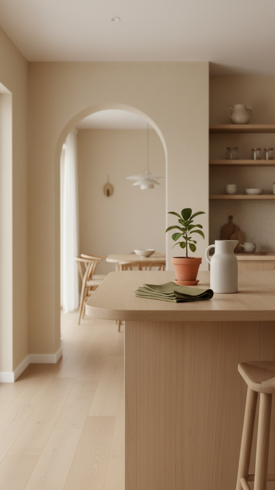 Rounded island countertop and archway entrance in curved-edge Scandinavian kitchen layout