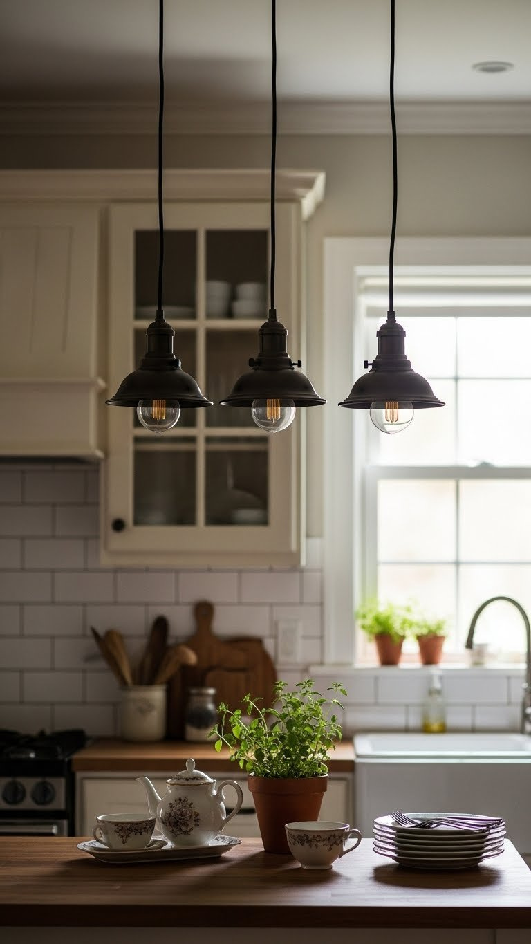 Row of three antiqued bronze mini pendant lights hanging over compact wooden kitchen island in small rustic space