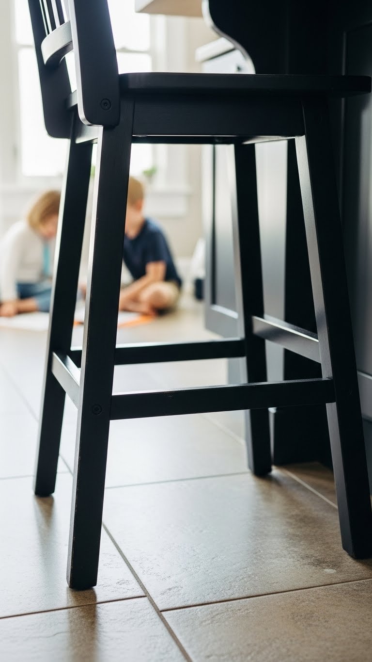 Rugged, high durability dark bar stool with scratch-resistant finish in a busy family kitchen, built to withstand daily wear.