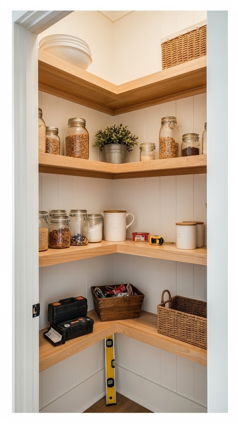 11 Corner Pantry Ideas: Maximize Kitchen Space &Amp; Style 7 Rustic DIY corner pantry shelves, stocked with canning jars and baskets, provide personalized, robust wooden storage.