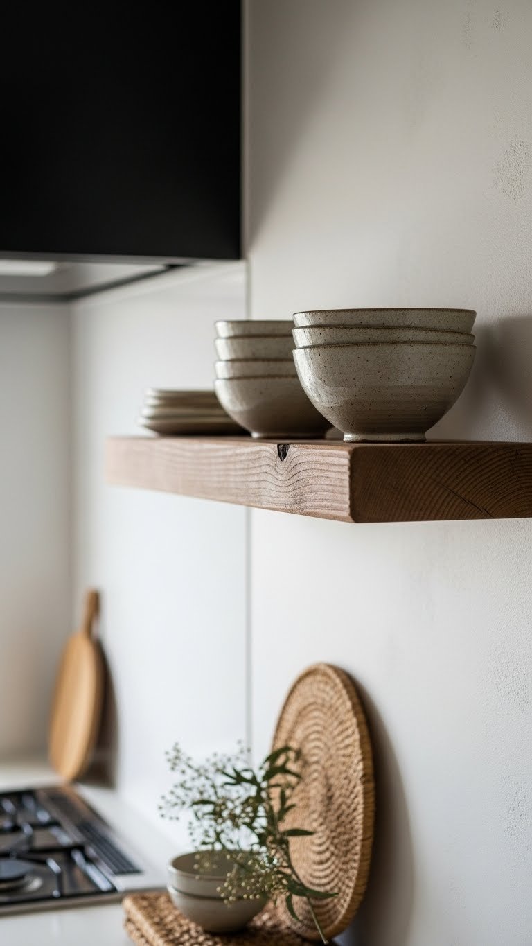 Rustic Japandi kitchen decorative elements featuring reclaimed wood shelf with handmade ceramic bowls