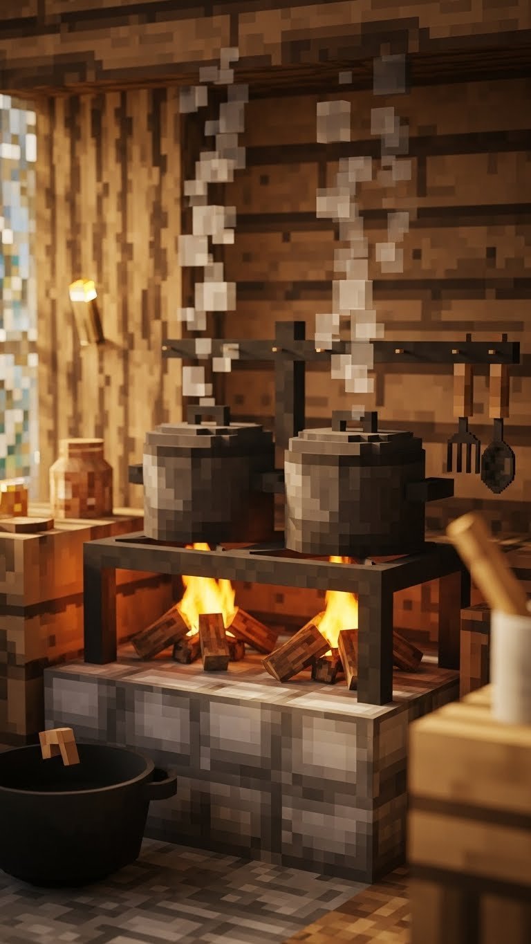 Rustic Minecraft stovetop with campfire burners, smokers, and cooking utensils in golden hour lighting