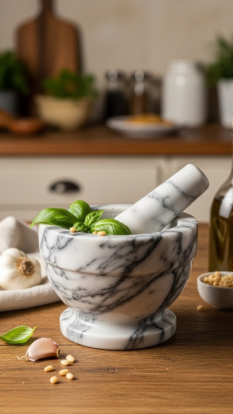 10 Unique Tuscan Kitchen Gadgets To Elevate Your Rustic Cooking 1 Rustic Tuscan kitchen scene featuring artisan marble mortar and pestle with fresh basil leaves on wooden table