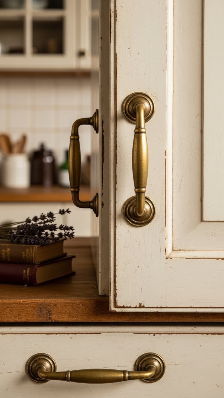 Rustic aged brass cup pulls and bin pulls on distressed off-white cabinets with soft natural window lighting and vintage decor elements.