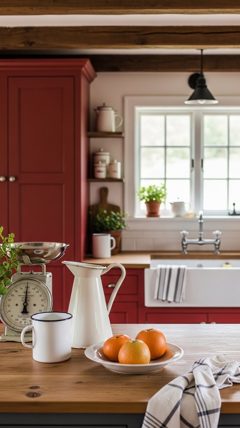 Rustic barn red kitchen accent wall with dark wood beams and vintage farmhouse sink decor