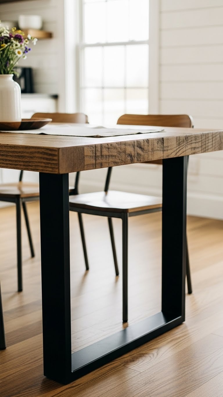 Rustic barnwood kitchen table with matte black metal legs in bright farmhouse kitchen with ceramic vase and wildflowers