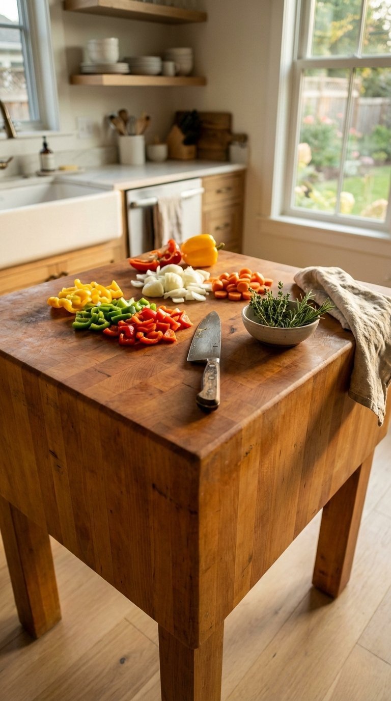 Rustic butcher block kitchen island with rich wood grain serving as primary prep surface in cozy kitchen