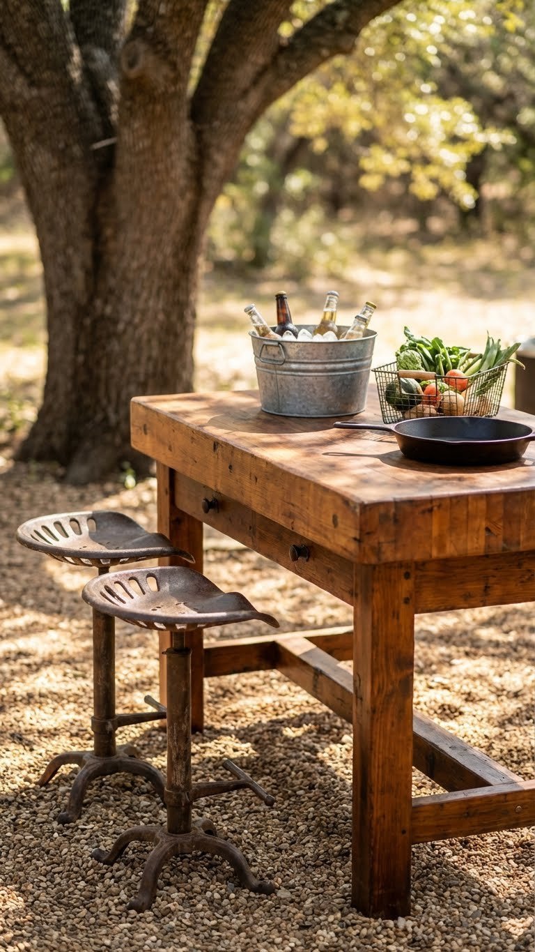 Outdoor Kitchen Island Ideas For Small Spaces With Seating 8 Rustic butcher block outdoor kitchen island with vintage tractor seat stools on gravel patio under tree