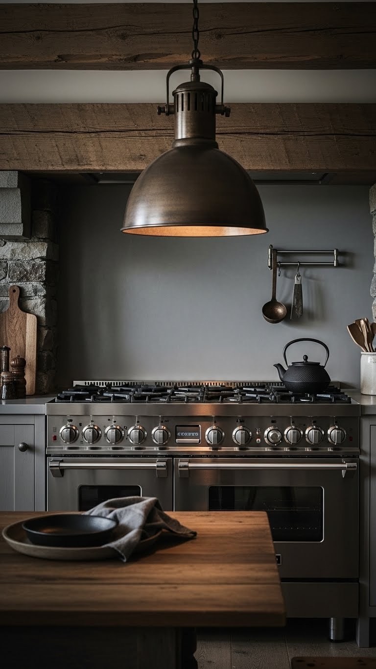 Rustic cabin kitchen blending stainless steel range with industrial pendant light under exposed wooden beam.