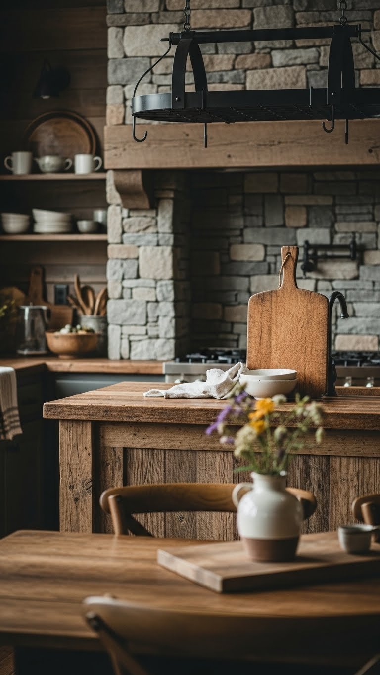 Rustic cabin kitchen corner with reclaimed wood island counter, stone wall backsplash, and wrought iron pot rack in natural light.