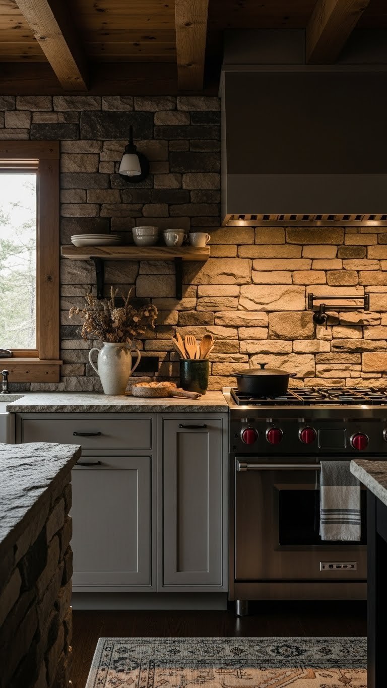 Rustic cabin kitchen showcasing warm gray stained cabinets, natural stone backsplash, and exposed wooden beams with cozy lighting