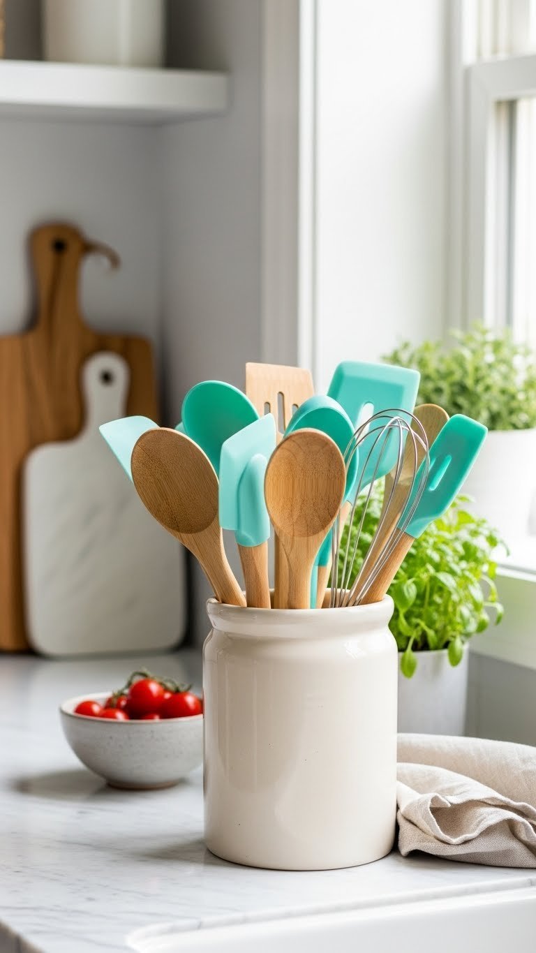 Rustic ceramic utensil crock overflowing with wooden spoons and silicone spatulas on marble countertop with herb plant