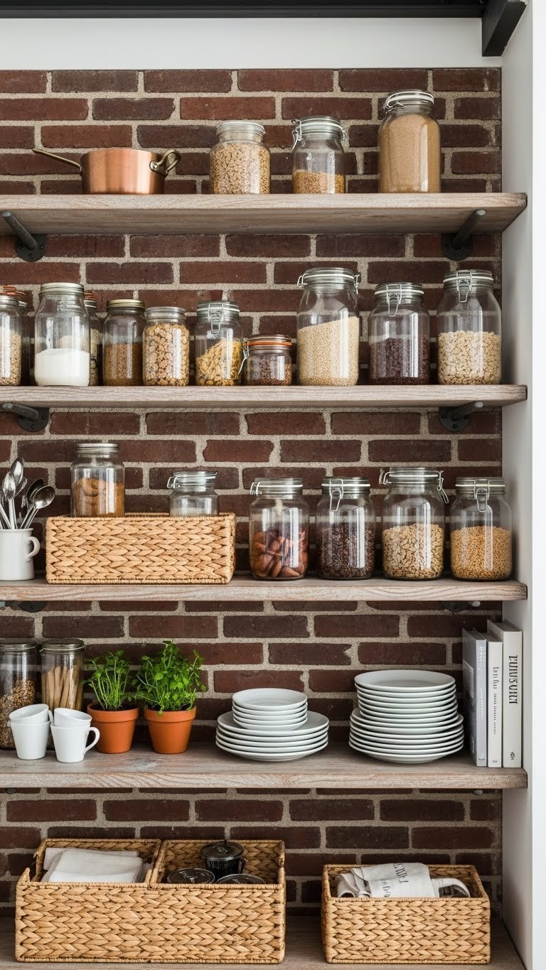 11 Essential Freestanding Pantry Ideas For Every Kitchen 7 Rustic-chic open pantry shelves in a kitchen, stylishly organized with clear jars, woven baskets, and plates.