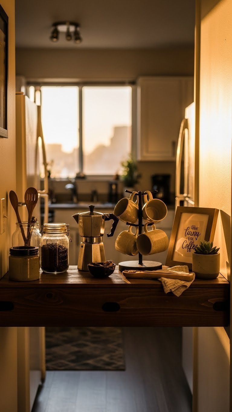 Rustic coffee bar nook with vintage-style coffee maker, ceramic mugs, mason jar of beans, and small wooden console table.
