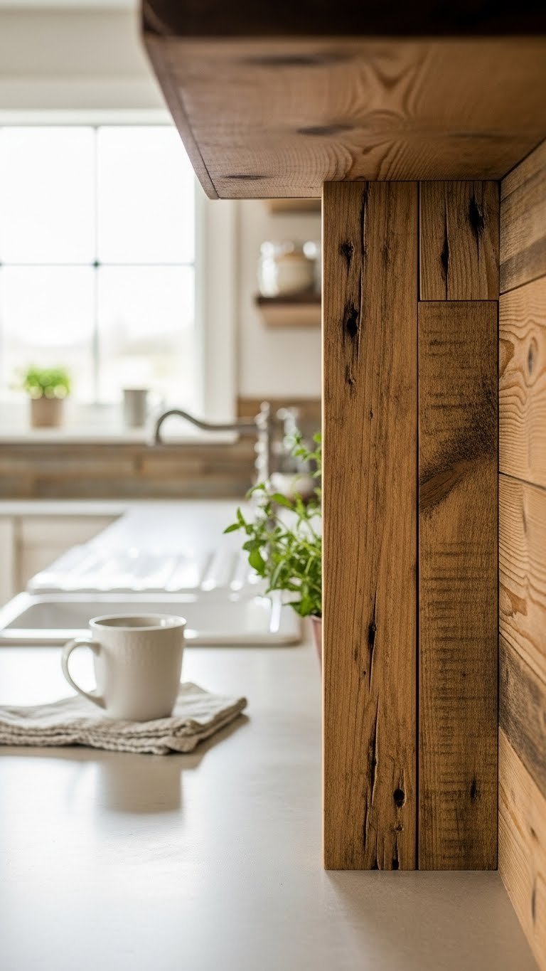 Rustic cottage kitchen backsplash featuring reclaimed wood planks with visible grain texture and warm distressed finish in cozy farmhouse setting