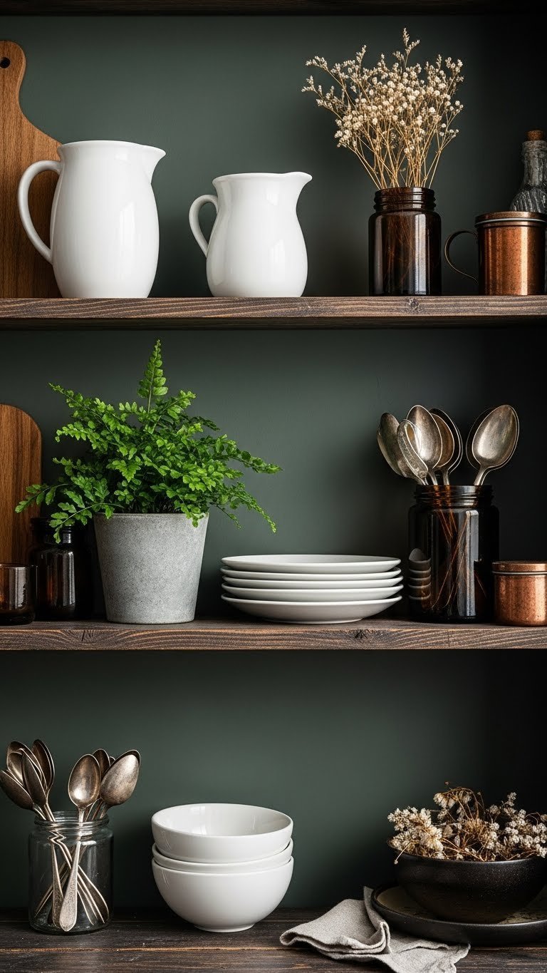 Rustic dark wood open shelving, curated vintage decor: matte ceramics, potted ferns, dark glass jars, copper accents, earthy kitchen tones.