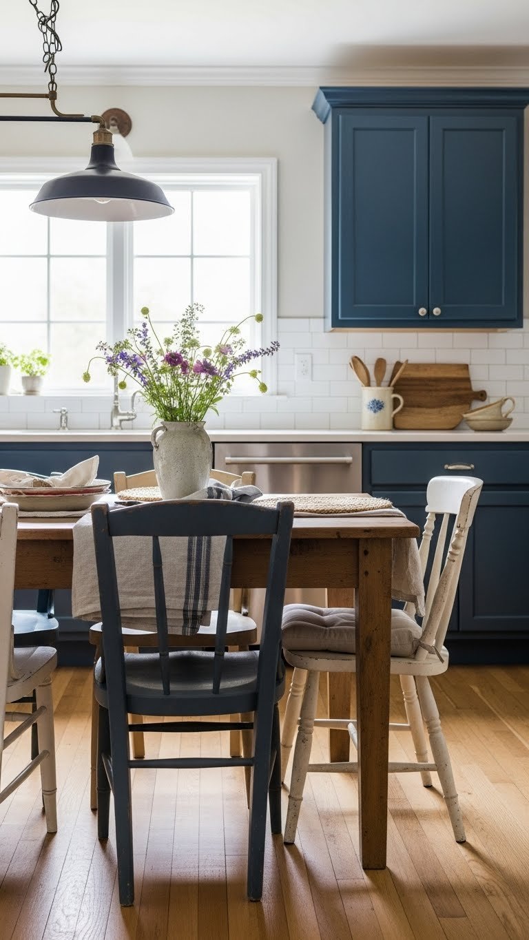 Rustic dining table with mismatched navy chairs in kitchen featuring distressed wood finish and linen tablecloth
