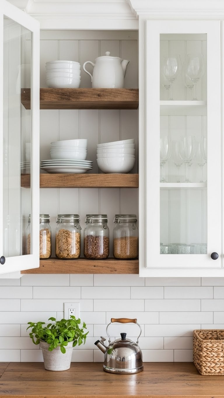 Rustic farmhouse kitchen with reclaimed wood open shelves displaying white ceramic dishes and glass-front cabinets showcasing organized glassware collection.