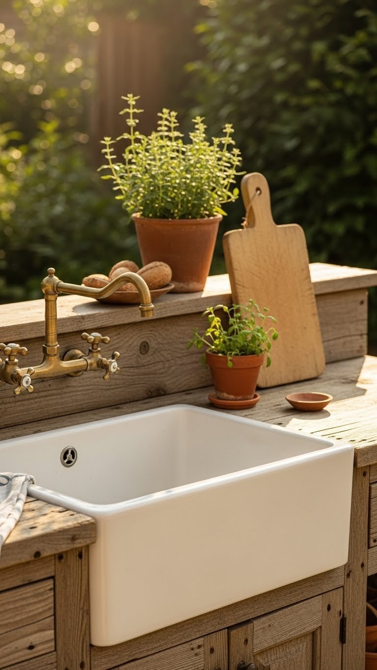 Rustic farmhouse-style white ceramic outdoor sink on reclaimed wood counter with vintage brass faucet in garden setting