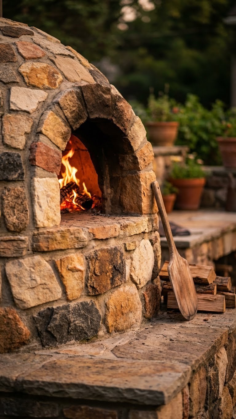 Rustic fieldstone pizza oven glowing warmly at dusk with fire inside and wooden pizza peel nearby.