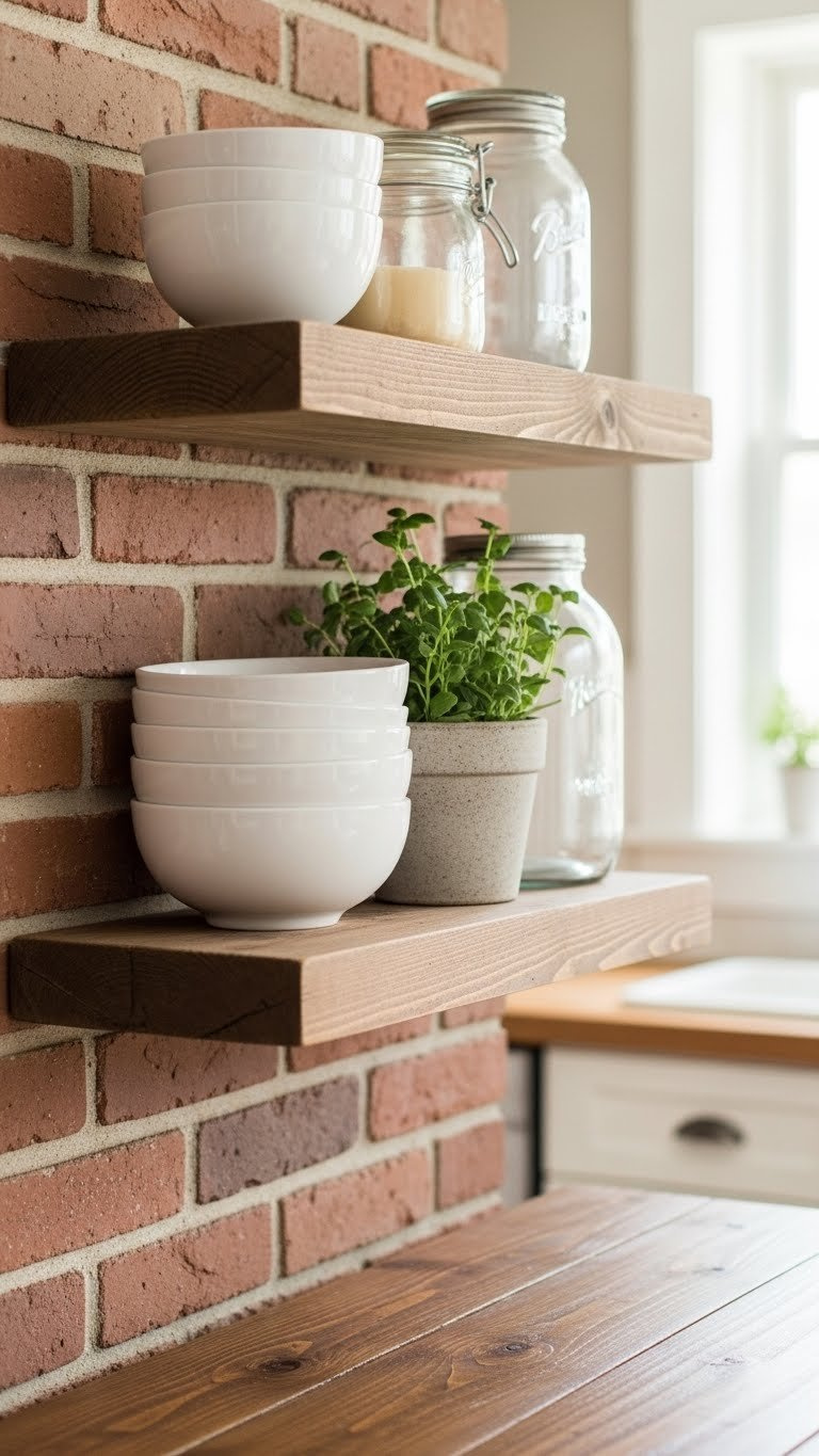 Small Rustic Kitchen: 9 Diy &Amp; Budget-Friendly Ideas 1 Rustic floating shelves on exposed brick wall holding white ceramic bowls, potted herb, and vintage glass jar in soft natural light