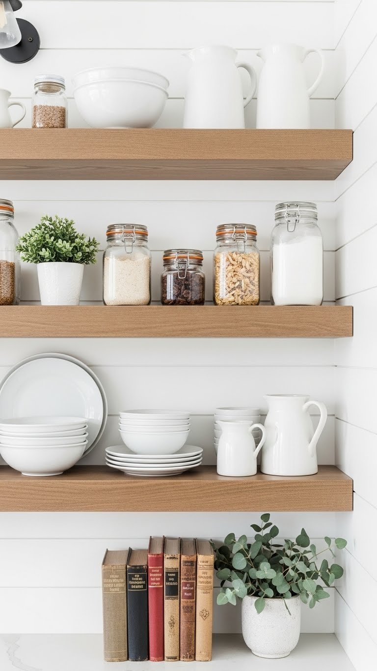 11 Farmhouse Kitchen Pantry Ideas: Design, Organize, &Amp; Style 15 Rustic floating wood shelves on a white shiplap wall displaying ceramic dishes, glass jars, and potted plants.