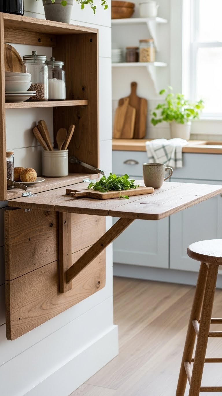 Rustic fold-down drop-leaf island made of warm distressed wood with extended surface and compact bar stool in small kitchen