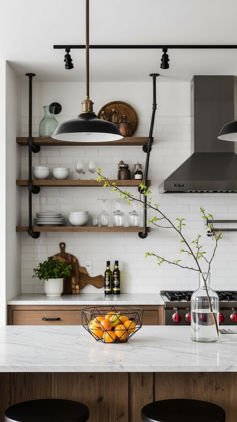 Rustic industrial kitchen blending exposed metal piping with natural wood cabinetry and matte black fixtures