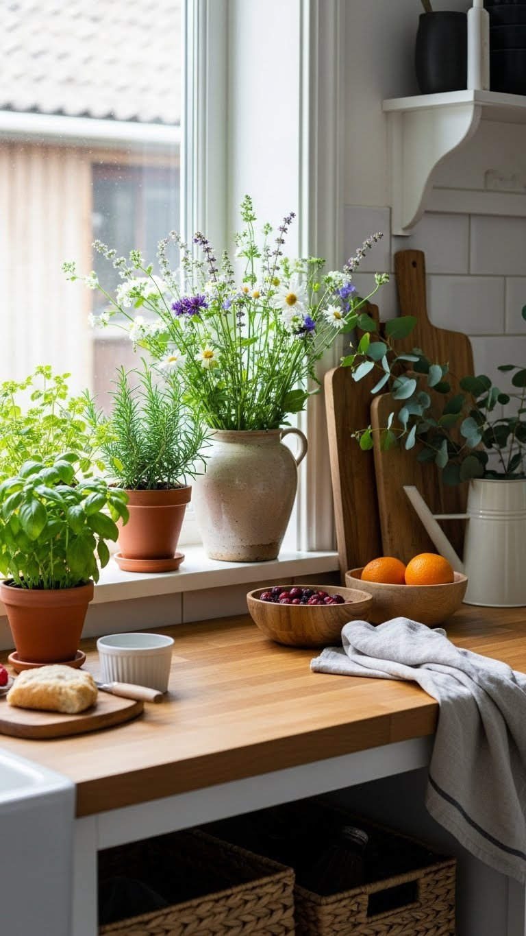 Rustic Kitchen On A Budget: 11 Genius Diy Ideas For Any Home 21 Rustic kitchen adorned with potted herbs on windowsill and ceramic vase filled with wildflowers