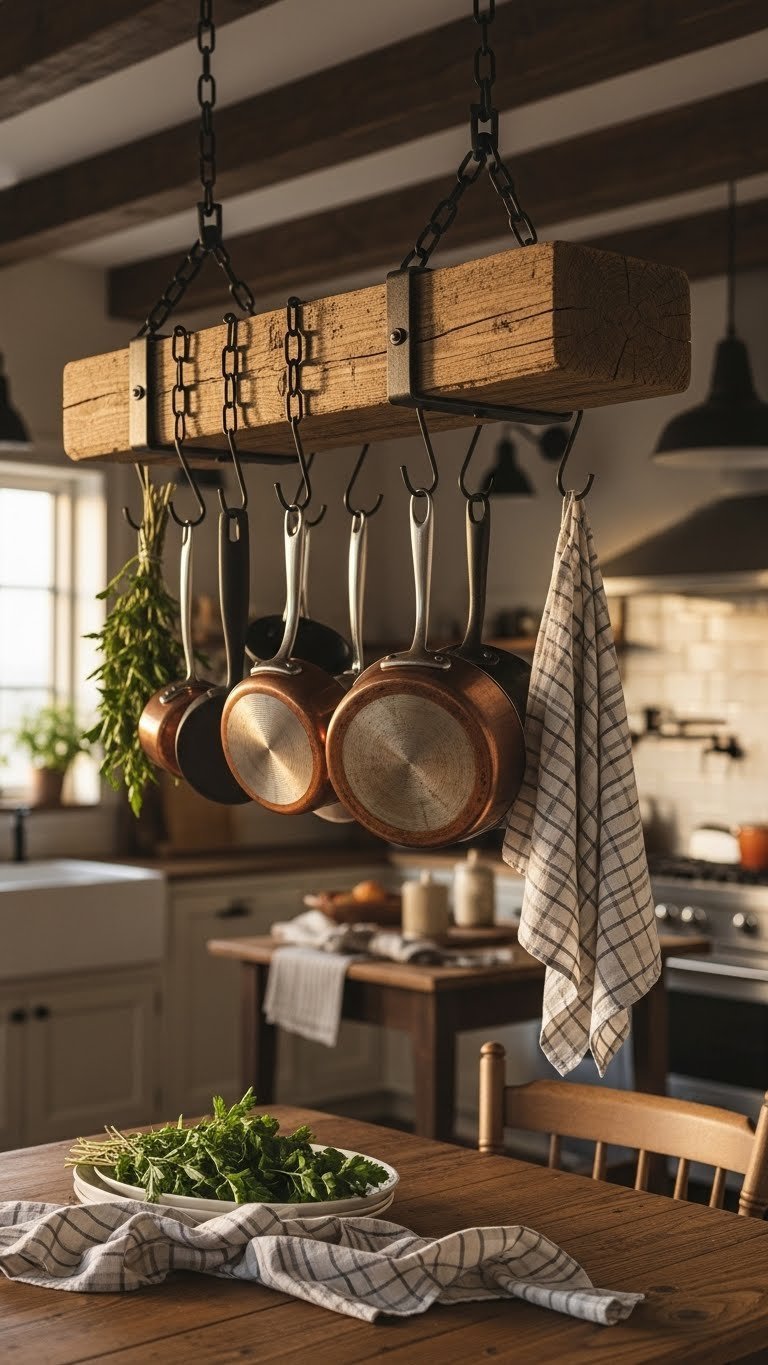 Ultimate Rustic Kitchen Exposed Beams: 9 Design Ideas 11 Rustic kitchen beam serving as functional pot rack with hanging copper cookware and cast iron pans.