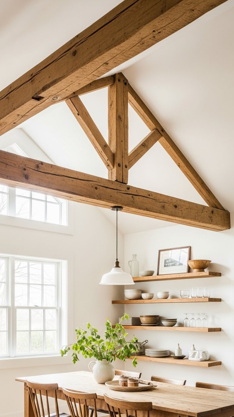 Rustic kitchen ceiling with exposed wooden beams and pendant light against minimalist interior in bright daylight
