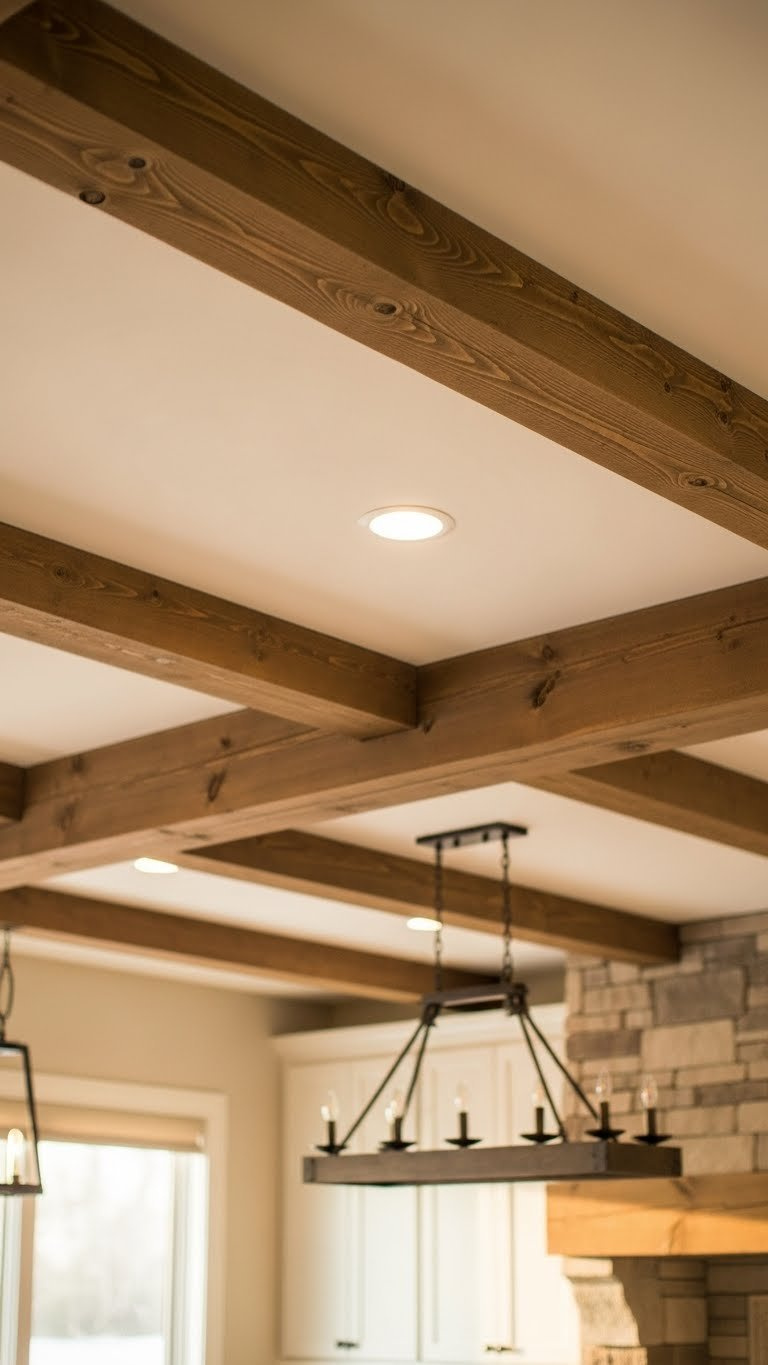 Rustic Kitchen On A Budget: 11 Genius Diy Ideas For Any Home 9 Rustic kitchen ceiling with weathered faux wood beams and decorative iron chandelier in warm golden light