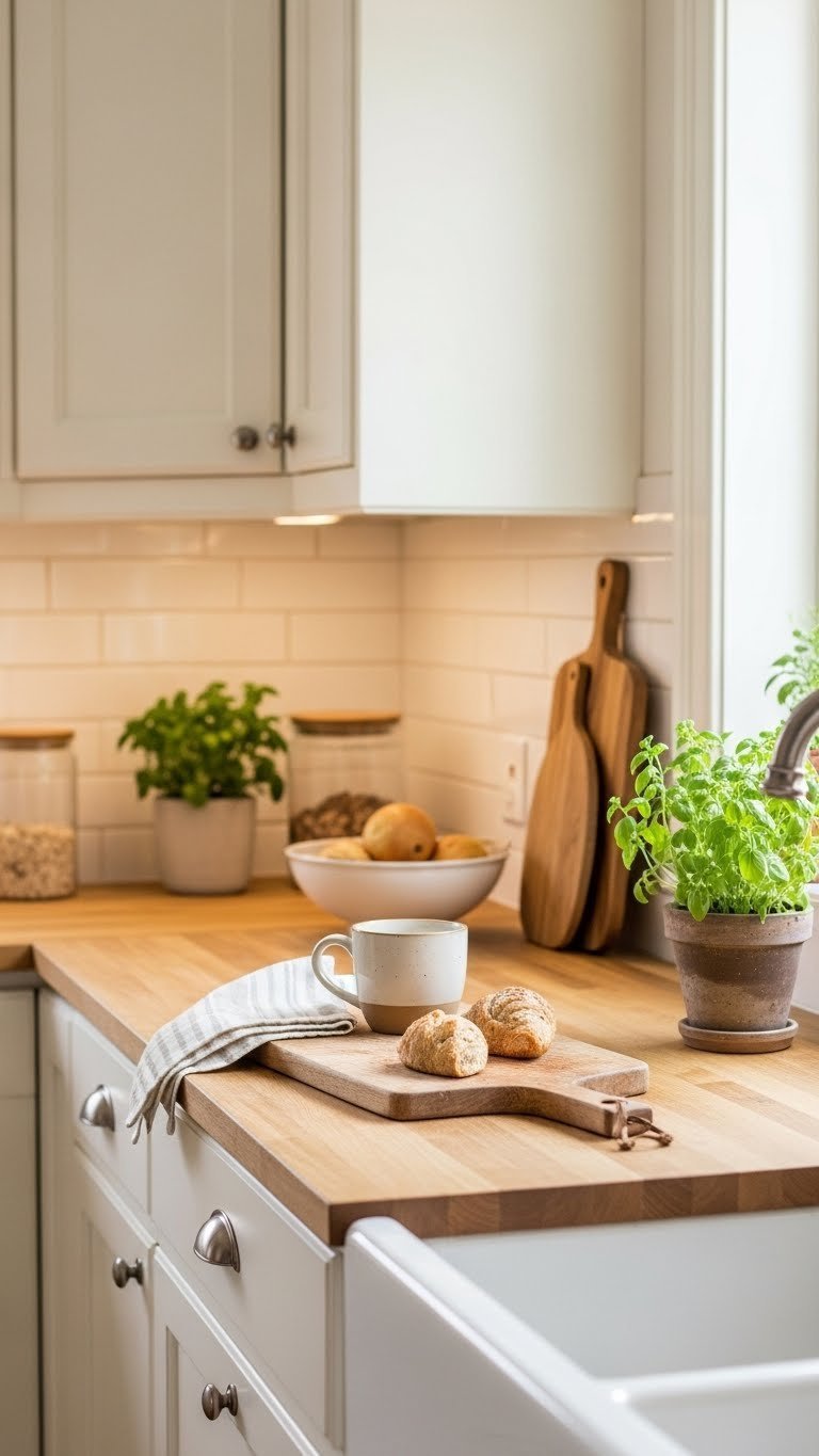 Rustic kitchen corner with creamy white cabinets, wood accents, ceramic mug and herb plant in soft natural lighting