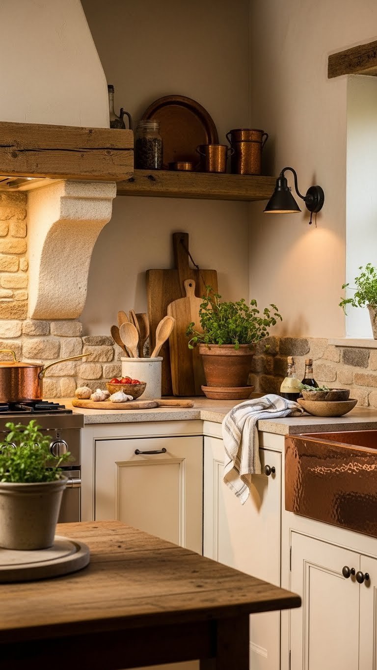 Rustic kitchen corner with natural stone backsplash and gleaming copper accents in warm golden hour light